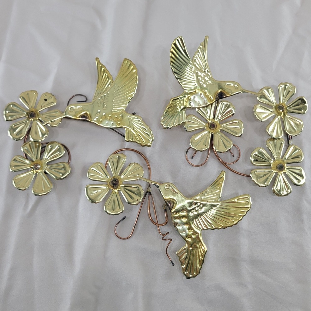 Home Decor Hummingbird Flower Wall Art Set 3 Gold Tone Metal Vtg Boho Bird